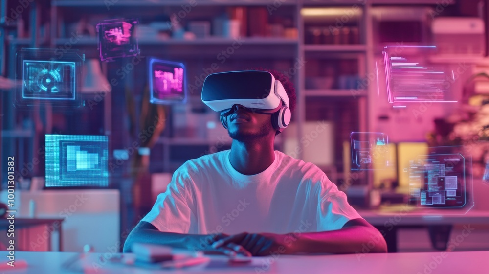 Virtual reality designer engaging in creative work within a modern studio filled with floating 3D objects and a VR headset. Generative AI Virtual reality designer engaging in creative work within a modern studio filled with floating 3D objects and a VR headset. Generative AI