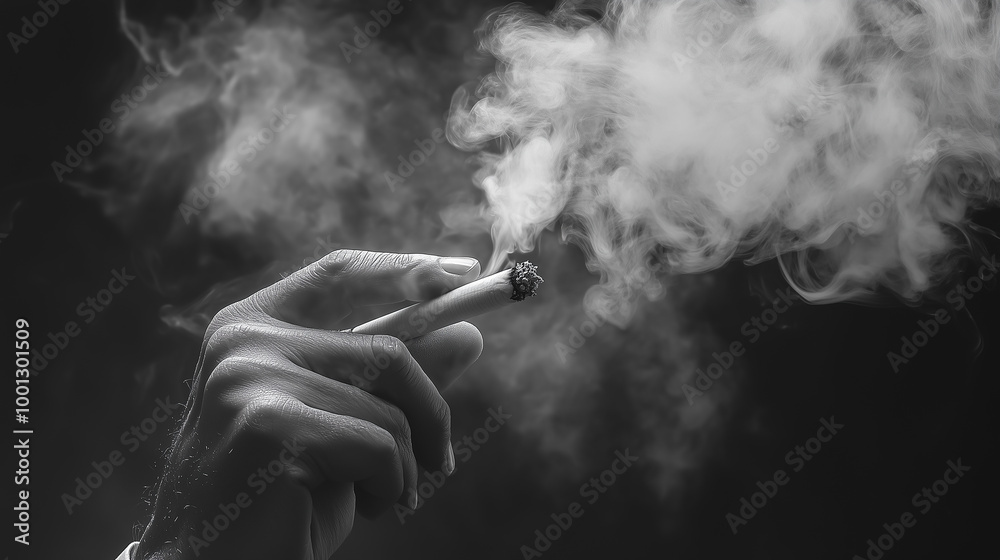 Close-up of a man's hand holding a cigarette, lots of smoke around.