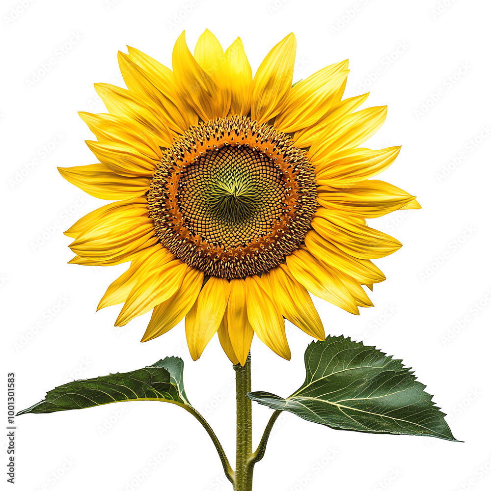 Naklejka premium Bright sunflower with green leaves isolate transparent background