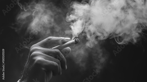 Obraz na płótnie Close-up of a man's hand holding a cigarette, lots of smoke around. w salonie