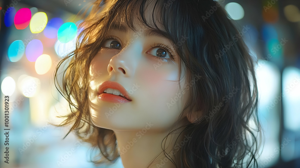 Woman Looking Up at Lights, Beautiful Bokeh, Urban City Woman Looking Up at Lights, Beautiful Bokeh, Urban City