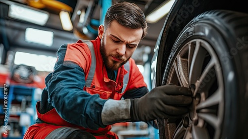 Mechanic at a car service shop, working with a tire, carefully repairing or replacing parts to ensure the vehicle's road safety.