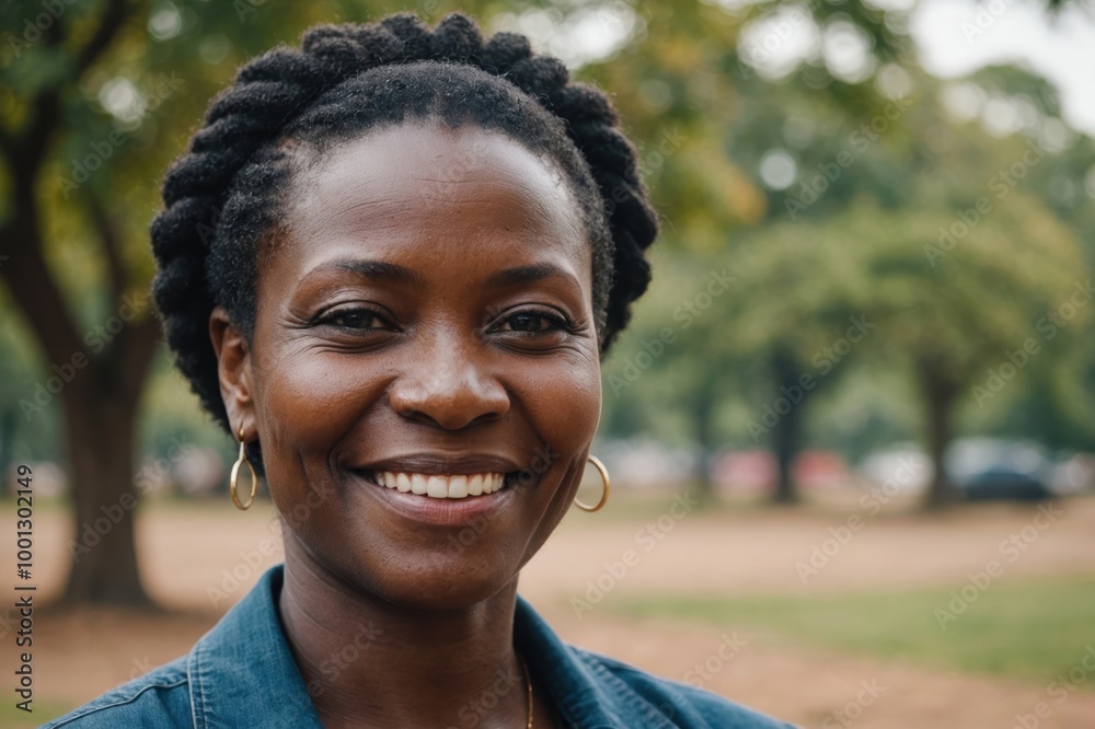 Close portrait of a smiling 40s Zimbabwean woman looking at the camera, Zimbabwean outdoors blurred background Close portrait of a smiling 40s Zimbabwean woman looking at the camera, Zimbabwean outdoors blurred background