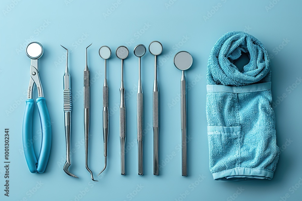 A set of dental instruments are displayed on a blue background