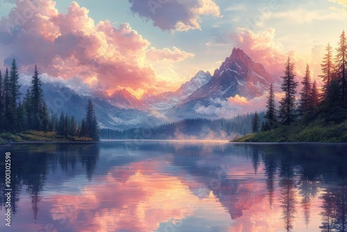 vibrant landscape illustration featuring a serene lake majestic mountains lush trees and dreamy pink clouds reflecting in tranquil waters