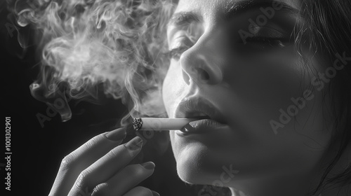 Close-up of a girl smoking, lots of smoke around. Black and white photo