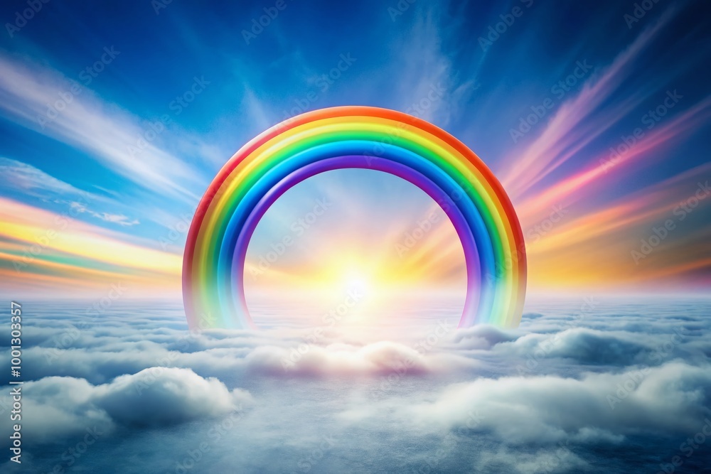 Vibrant multi-colored circle rainbow arcs against a soft, white misty background, creating a dreamy and ethereal Vibrant multi-colored circle rainbow arcs against a soft, white misty background, creating a dreamy and ethereal