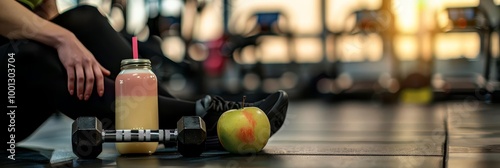 Close up of a protein shake, dumbbell, and apple in a gym photo