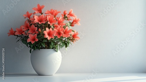 A vibrant flower arrangement in a white pot against a light wall.