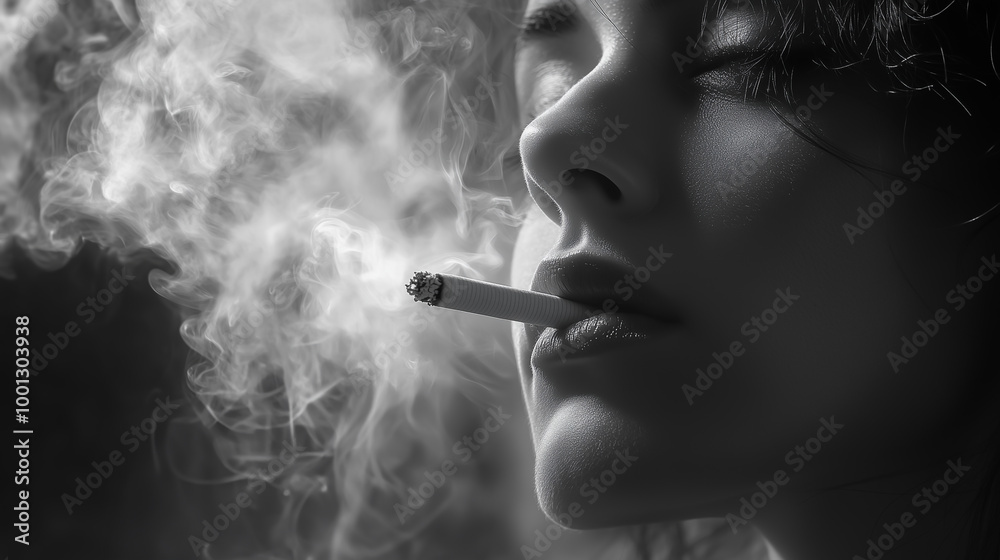 Obraz premium Close-up of a girl smoking, lots of smoke around. Black and white photo