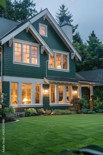 Dark green craftsman home with white trim, large windows, and a manicured lawn, captured in the soft morning light.