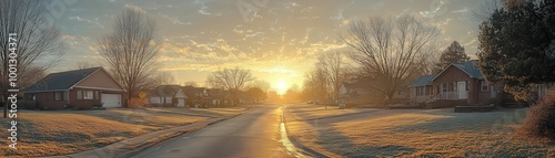 A sleepy neighborhood waking up to the sunrise, Monday morning, peaceful and serene