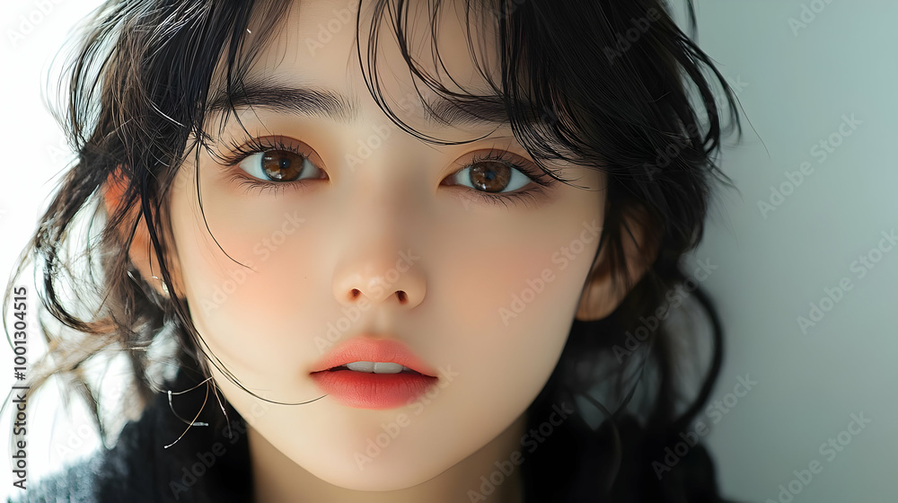 Close-Up Portrait of a Young Woman with Soft Makeup and Long Hair Close-Up Portrait of a Young Woman with Soft Makeup and Long Hair