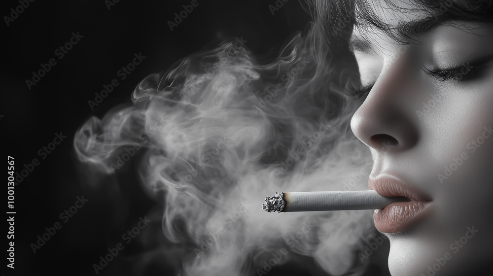 Obraz premium Close-up of a girl smoking, lots of smoke around. Black and white photo