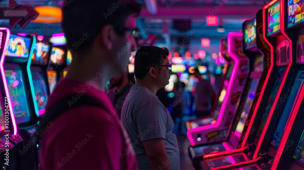 Young man playing arcade game with neon lights. Young man playing arcade game with neon lights.