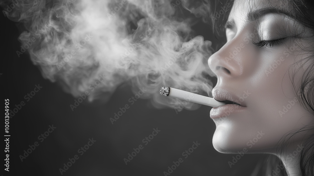 Fototapeta premium Close-up of a girl smoking, lots of smoke around. Black and white photo