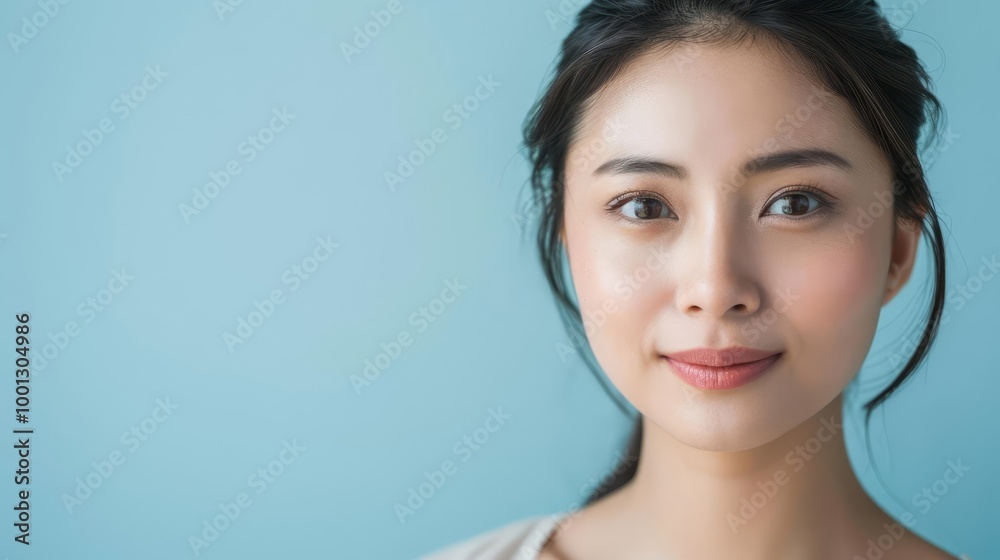 Asian woman presenting with a light blue background, capturing her beauty, confidence, and elegance in the portrait with copy space Asian woman presenting with a light blue background, capturing her beauty, confidence, and elegance in the portrait with copy space