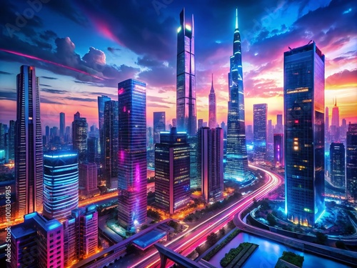 Wallpaper Mural Vibrant neon lights illuminate a futuristic metropolitan cityscape at dusk, with sleek skyscrapers, bustling streets, Torontodigital.ca