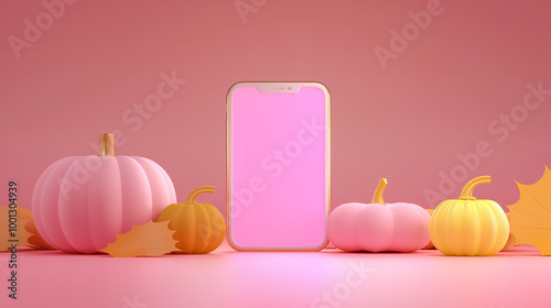 A smartphone surrounded by pumpkins in an autumn setting. Perfect for Halloween party invitations and social media posts.