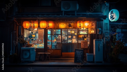 Japanese Street Food Stall at Night. Traditional Japanese Restaurant. Small Japanese Restaurant Facade. Japanese Lantern Lit Night