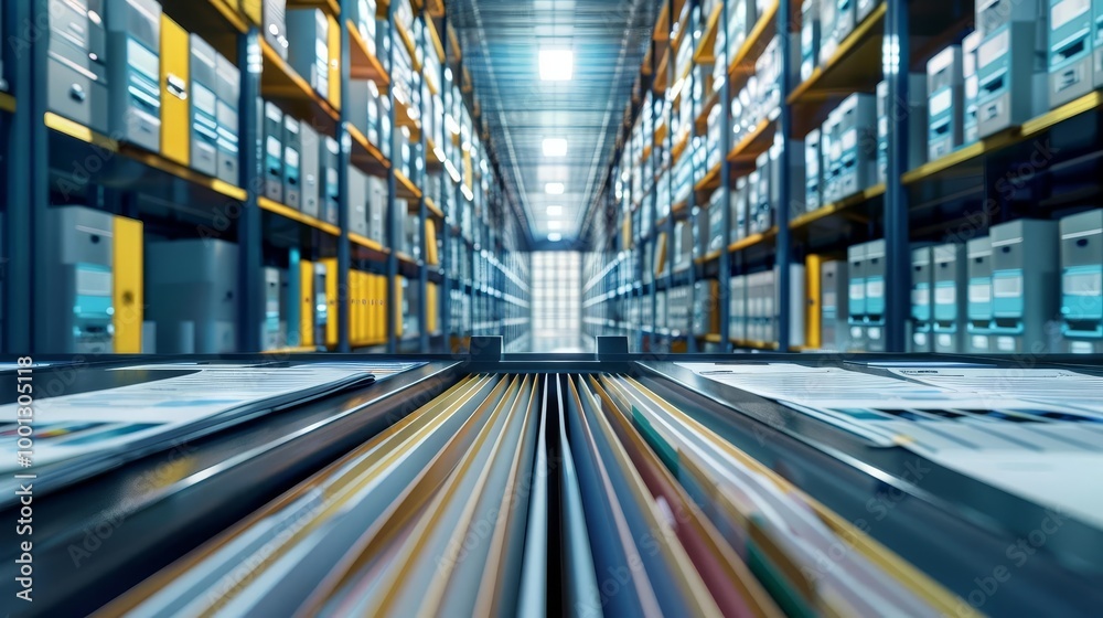 Obraz premium Wide shot of a large warehouse with rows of shelves stacked with boxes.