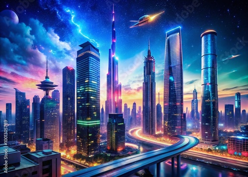 Wallpaper Mural Vibrant neon-lit cityscape at dusk with sleek skyscrapers, holographic advertisements, and flying cars zipping by, set Torontodigital.ca