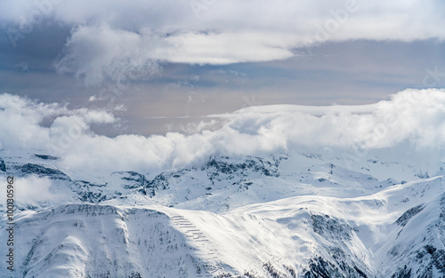 View on winter mpuntains from Eggishorn peak, Alps.