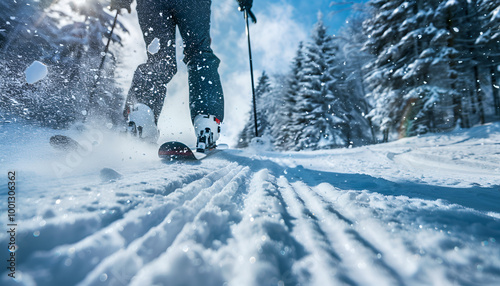 Close-up of skier speeding downhill on a snowy slope. Concept of winter sports, action, adventure, and alpine skiing in a snowy forest