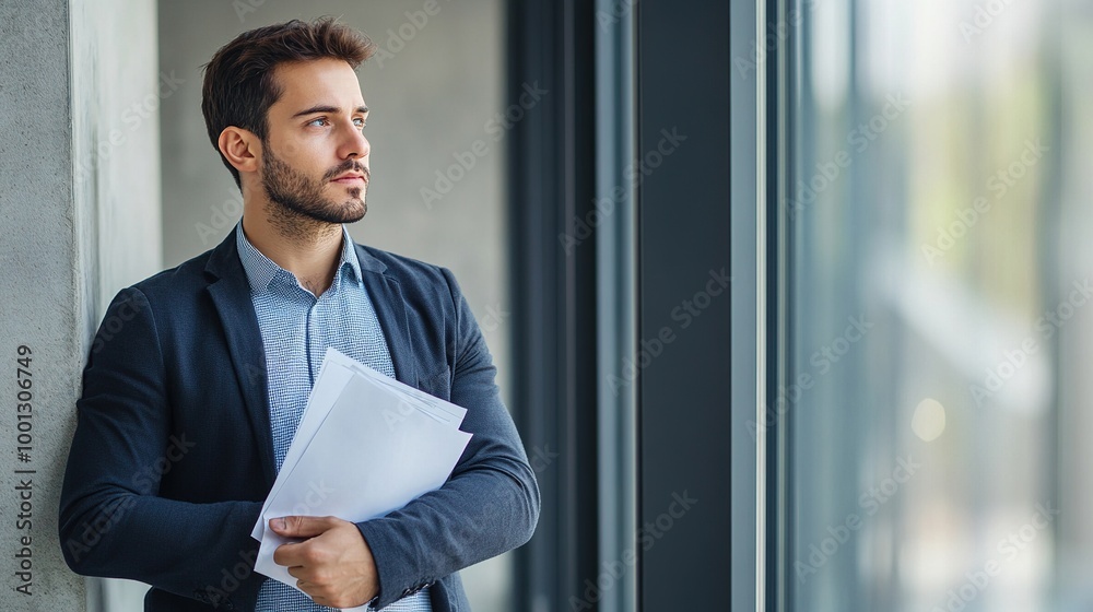 Businessman Holding Papers in Modern Office Setting Businessman Holding Papers in Modern Office Setting