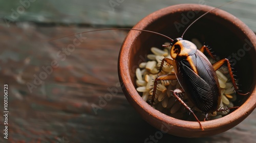 Close-up of a cockroach on a bowl of rice, a common pest in homes. photo