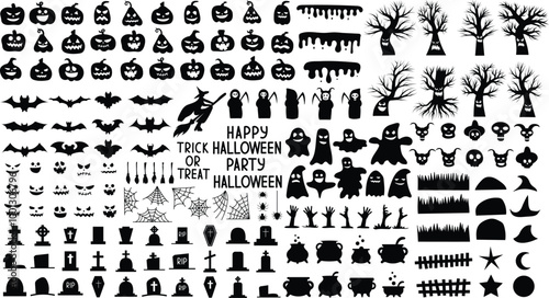 Collection of halloween silhouettes icon and character., witch, creepy and spooky elements for halloween decorations, silhouettes, sketch, icon, sticker. Hand drawn vector illustration - Vector