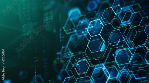 Abstract digital background with blue and green glowing hexagons.