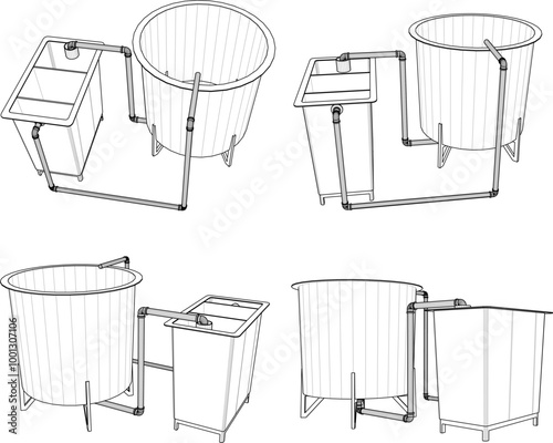 Vector sketch illustration silhouette of Experimental systems for aquaculture with piping system