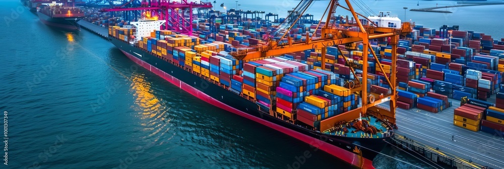 Obraz premium Cargo ship loaded with colorful shipping containers in a harbor.