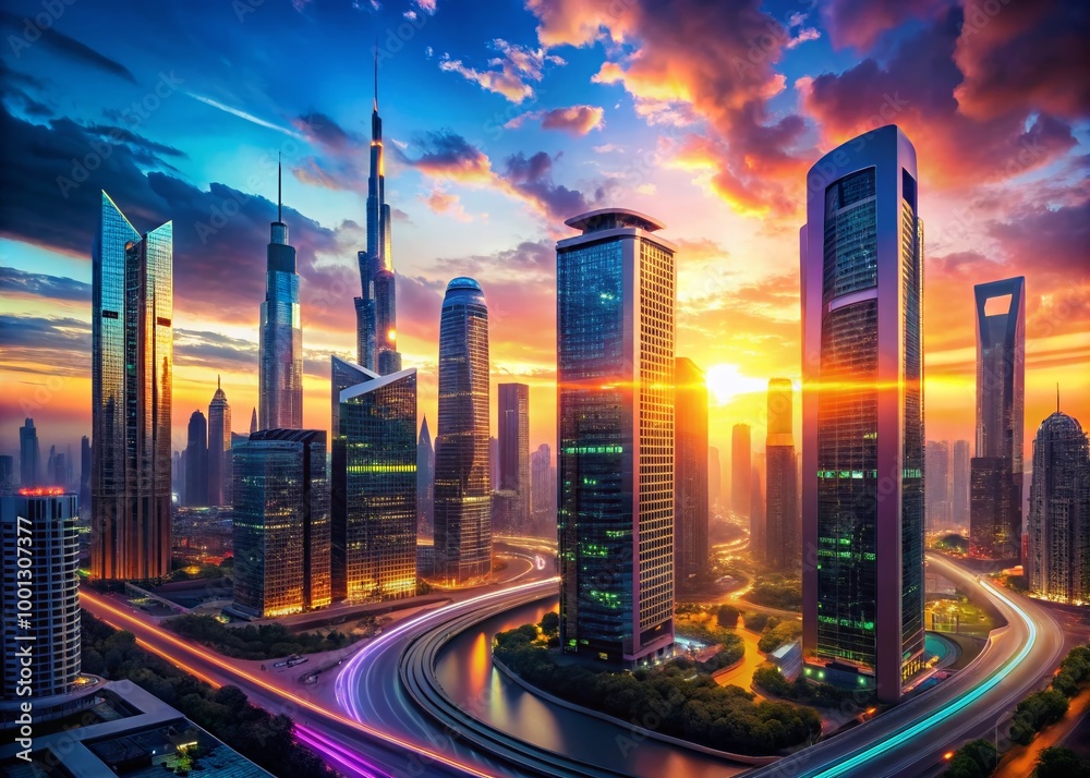 Obraz premium Vibrant orange and pink hues illuminate a futuristic cityscape at sunset, featuring sleek skyscrapers, neon lights, and