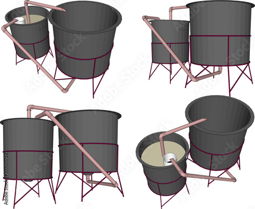 Vector sketch illustration silhouette of Experimental systems for aquaculture with piping system