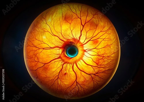 Vibrant orange and yellow concentric circles resembling a human retina's intricate anatomy, with delicate blood vessels photo