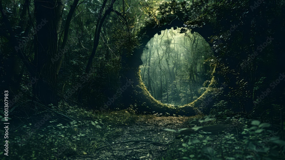 Fototapeta premium Mysterious stone portal in a misty forest.