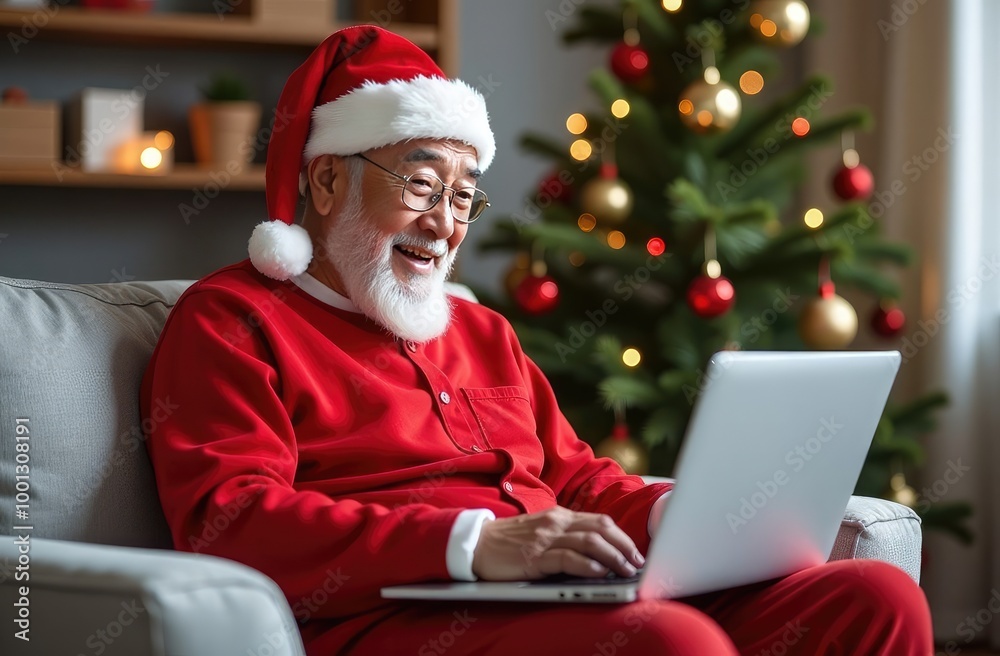 an elderly man in a Santa Claus hat makes online greetings to his relatives, friends an elderly man in a Santa Claus hat makes online greetings to his relatives, friends