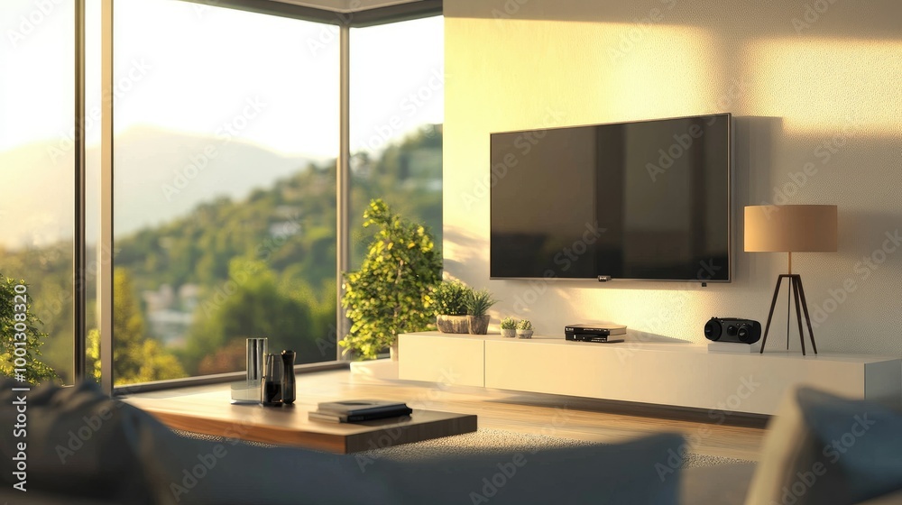 Fototapeta premium Contemporary living room with a wall-mounted TV and a modern lamp, with soft daylight glowing through floor-to-ceiling glass windows.