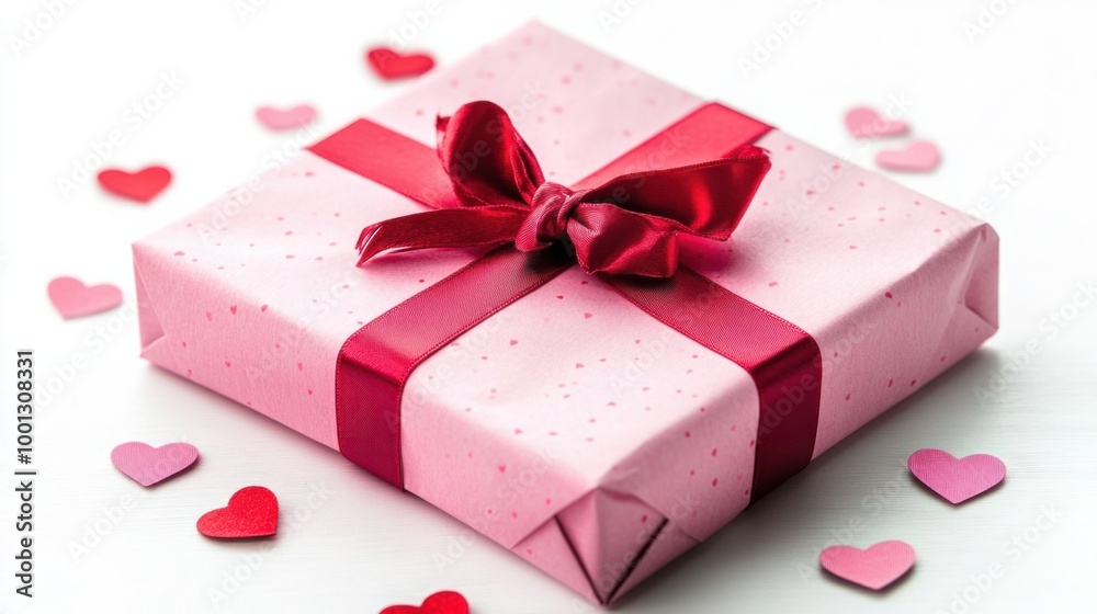 Valentine present wrapped in pink paper with a red satin ribbon and hearts, isolated on a white background. Valentine present wrapped in pink paper with a red satin ribbon and hearts, isolated on a white background.