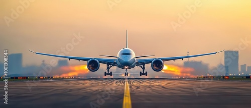 Runway view during airplane takeoff, jet engines roaring with heat distortion, hazy summer afternoon, strong sense of energy and movement photo