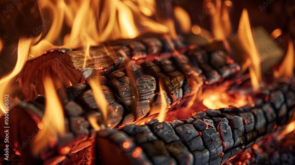 Close-up of burning wood in a fireplace, showing glowing embers and flames. Close-up of burning wood in a fireplace, showing glowing embers and flames.