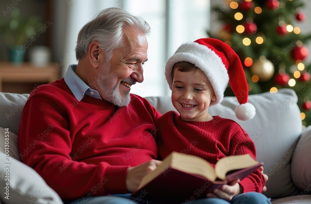 Happy grandfather and grandson reading New Year's fairy tales, the concept of Christmas Happy grandfather and grandson reading New Year's fairy tales, the concept of Christmas