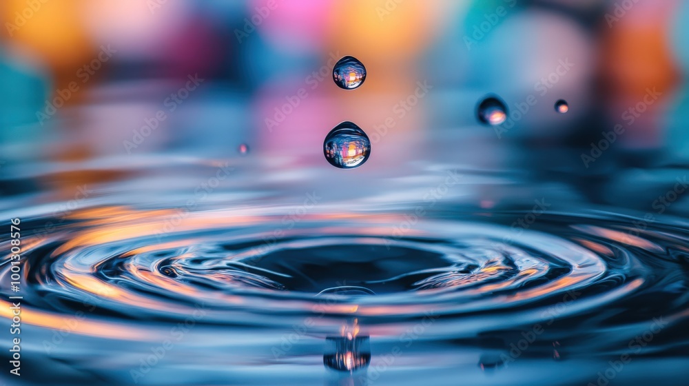 Water droplet collision with ripples and colorful reflections Water droplet collision with ripples and colorful reflections