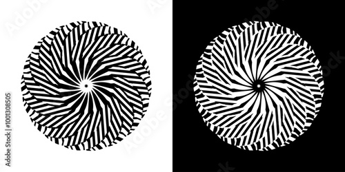 Abstract background with abstract line pattern in circles. Spiral art design as a logo or icon. A black figure on a white background and the same white figure on a black side. Mandala design with abst