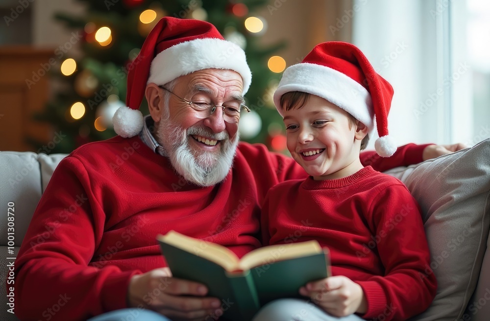 Happy grandfather and grandson reading New Year's fairy tales, the concept of Christmas Happy grandfather and grandson reading New Year's fairy tales, the concept of Christmas