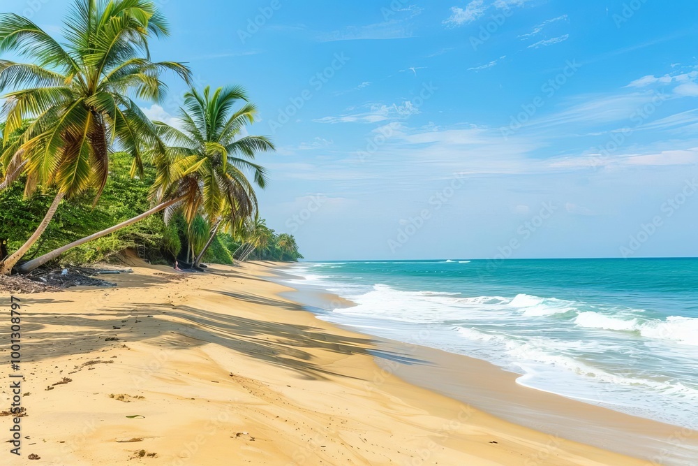 A tropical beach with golden sand and palm trees, represents a summer vacation paradise, with copy space A tropical beach with golden sand and palm trees, represents a summer vacation paradise, with copy space
