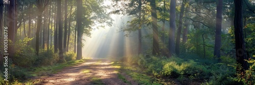 Sunlight streams through trees in a misty forest, illuminating a path.