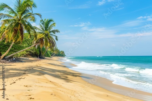 A tropical beach with golden sand and palm trees, represents a summer vacation paradise, with copy space